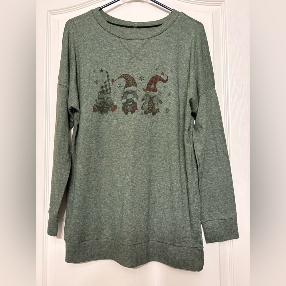 Green Long Sleeve Shirt with Gnome Print